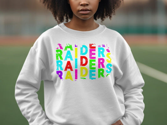 JPD Physical Item Raiders Text Multi Color Distressed Look in Short-Sleeve, Long-Sleeve, Crewnecks, and Hoodies