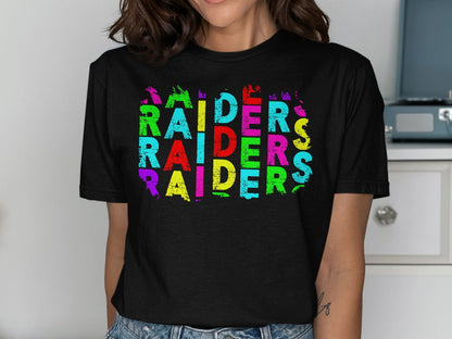 JPD Physical Item Raiders Text Multi Color Distressed Look in Short-Sleeve, Long-Sleeve, Crewnecks, and Hoodies