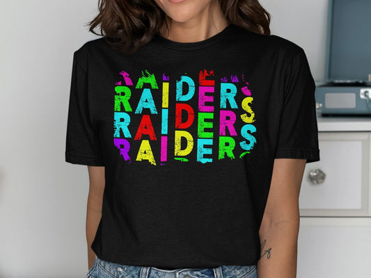 JPD Physical Item Raiders Text Multi Color Distressed Look in Short-Sleeve, Long-Sleeve, Crewnecks, and Hoodies