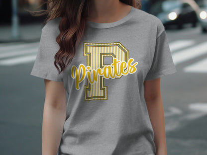 Jen Peete Designs Physical Item Seersucker Pirates with Gold P Spirit Shirt