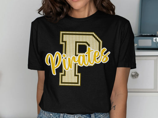 Jen Peete Designs Physical Item Seersucker Pirates with Gold P Spirit Shirt
