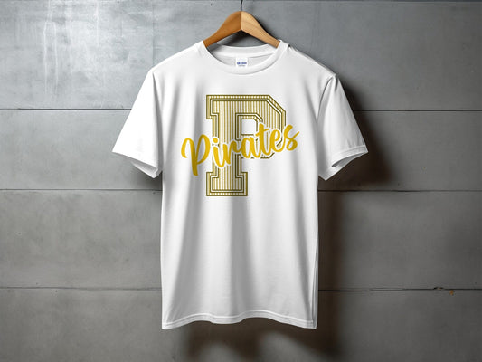 Jen Peete Designs Physical Item Seersucker Pirates with Gold P Spirit Shirt