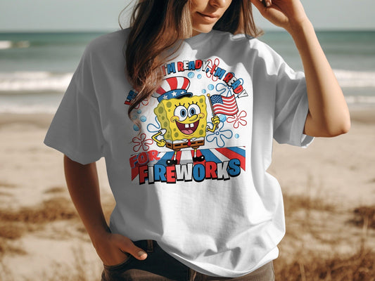 Jen Peete Designs Physical Item Spongebob I'm Ready For Fireworks Patriotic T-Shirt