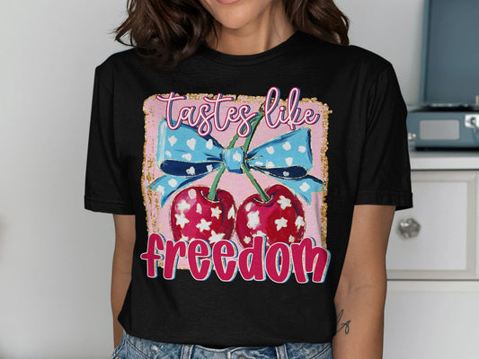 Jen Peete Designs Physical Item Tastes Like Freedom Cherries Patriotic Graphic Print T-Shirt