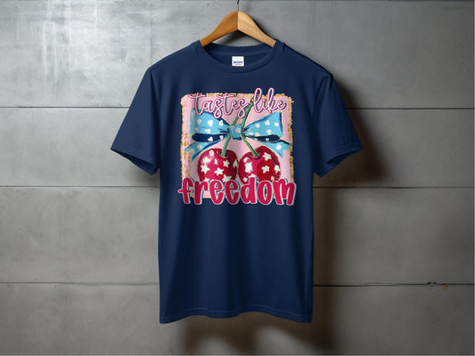 Jen Peete Designs Physical Item Tastes Like Freedom Cherries Patriotic Graphic Print T-Shirt