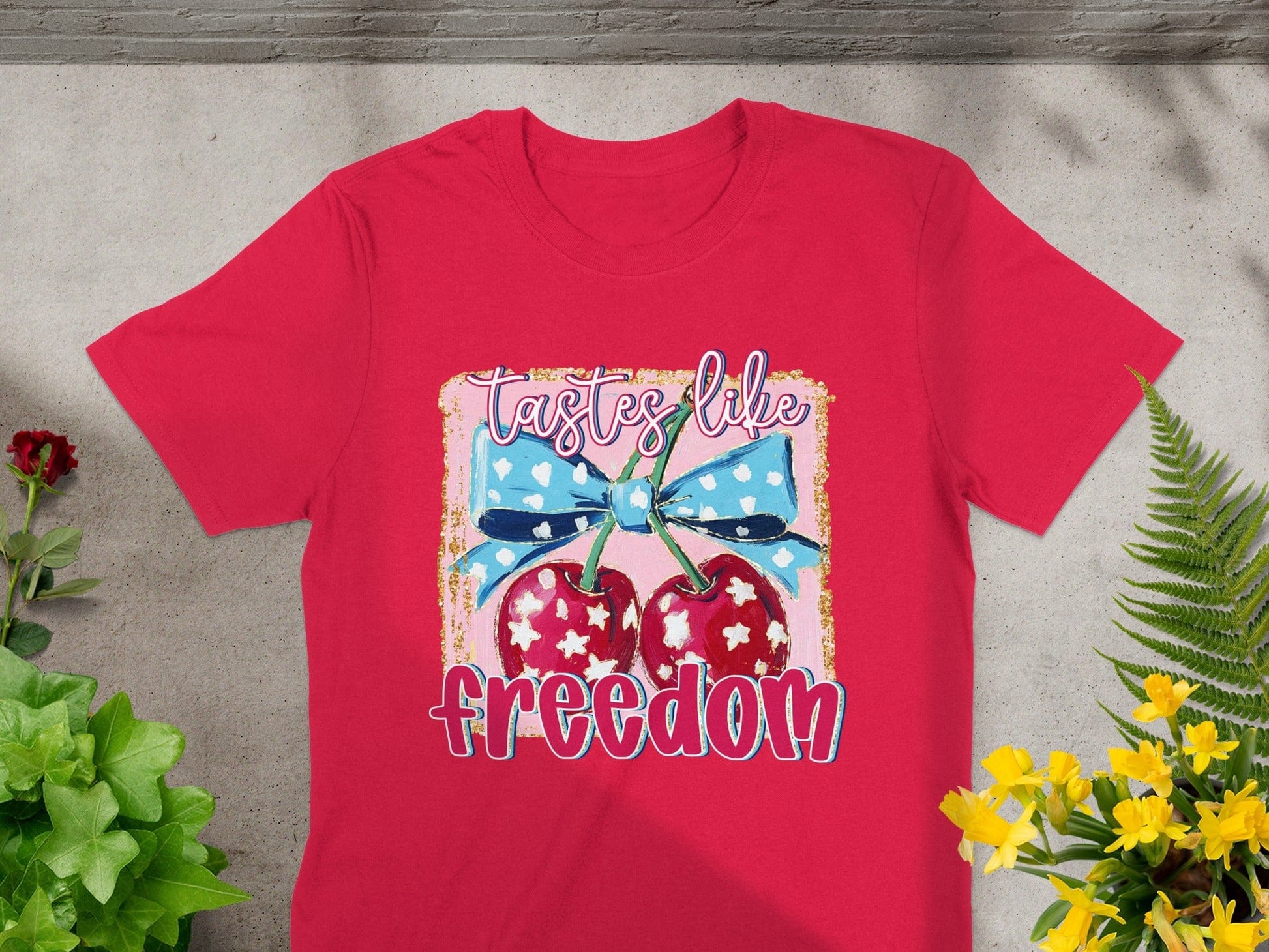 Jen Peete Designs Physical Item Tastes Like Freedom Cherries Patriotic Graphic Print T-Shirt