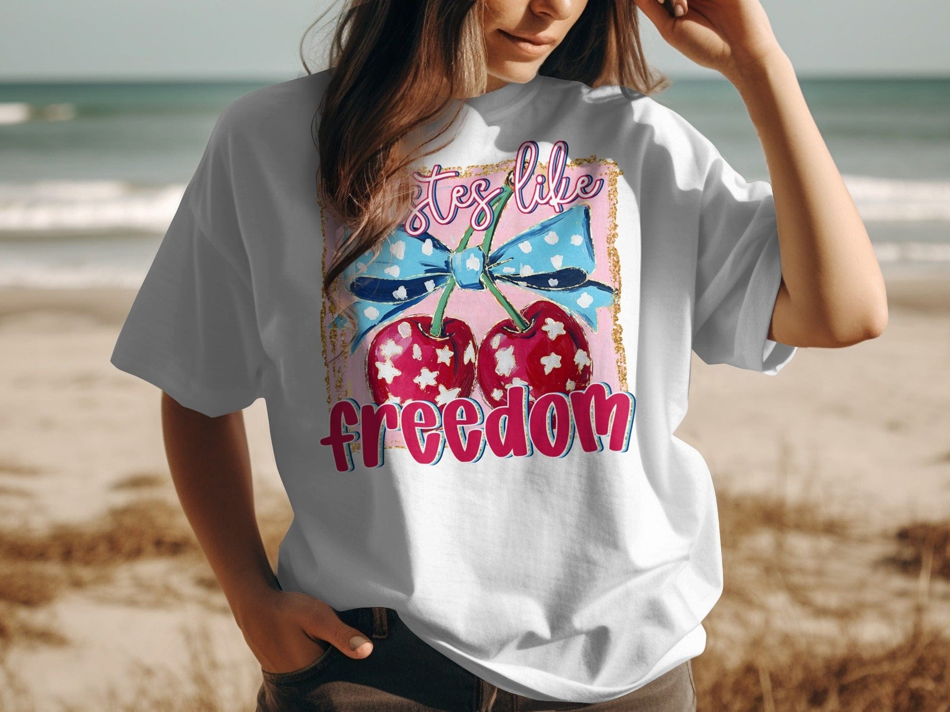 Jen Peete Designs Physical Item Tastes Like Freedom Cherries Patriotic Graphic Print T-Shirt