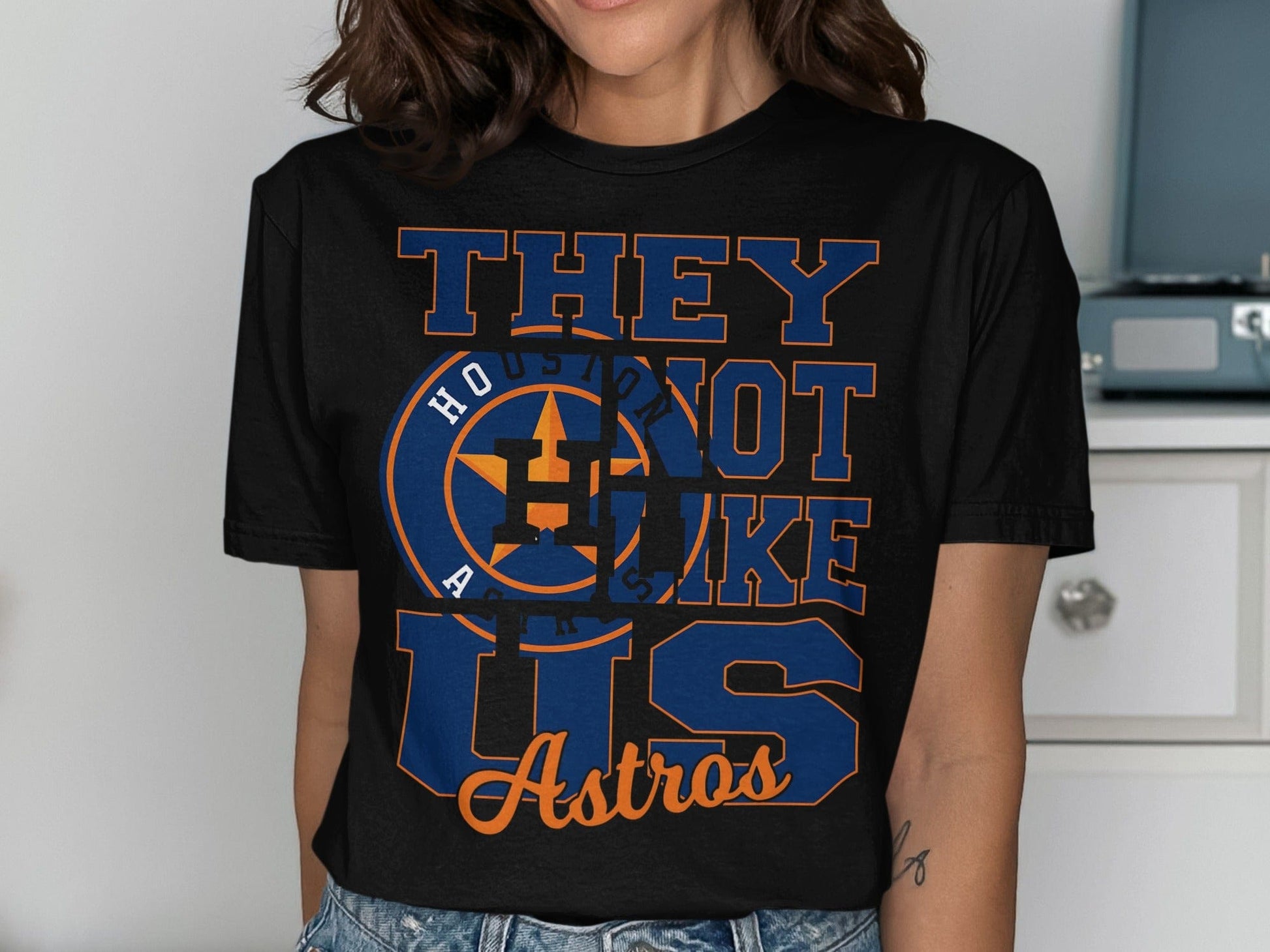 JPD Physical Item They Not Like Us Astros Emblem Design Graphic T-Shirt