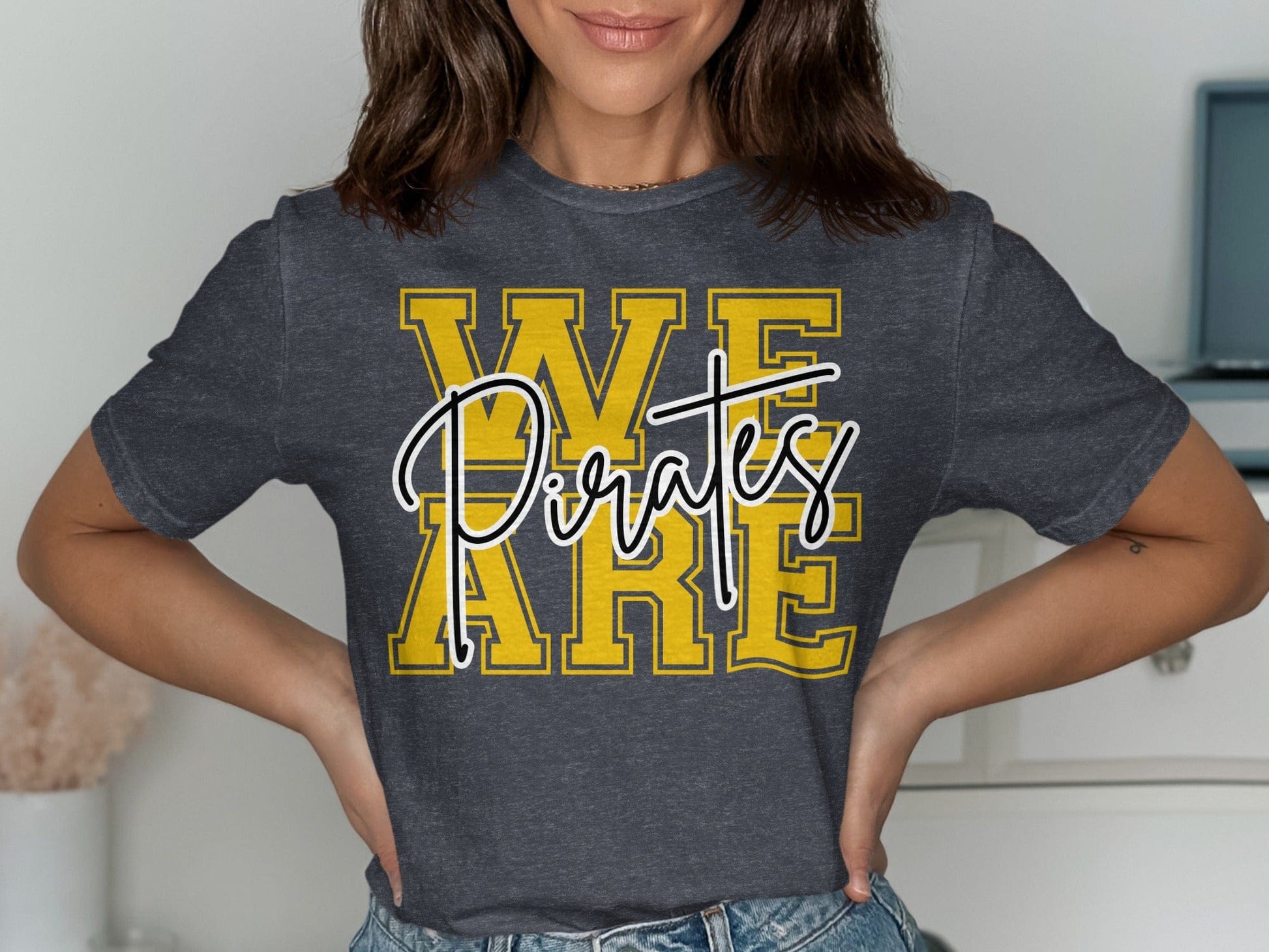 Jen Peete Designs Physical Item We Are Pirates Cursive Lettering Spirit Shirt