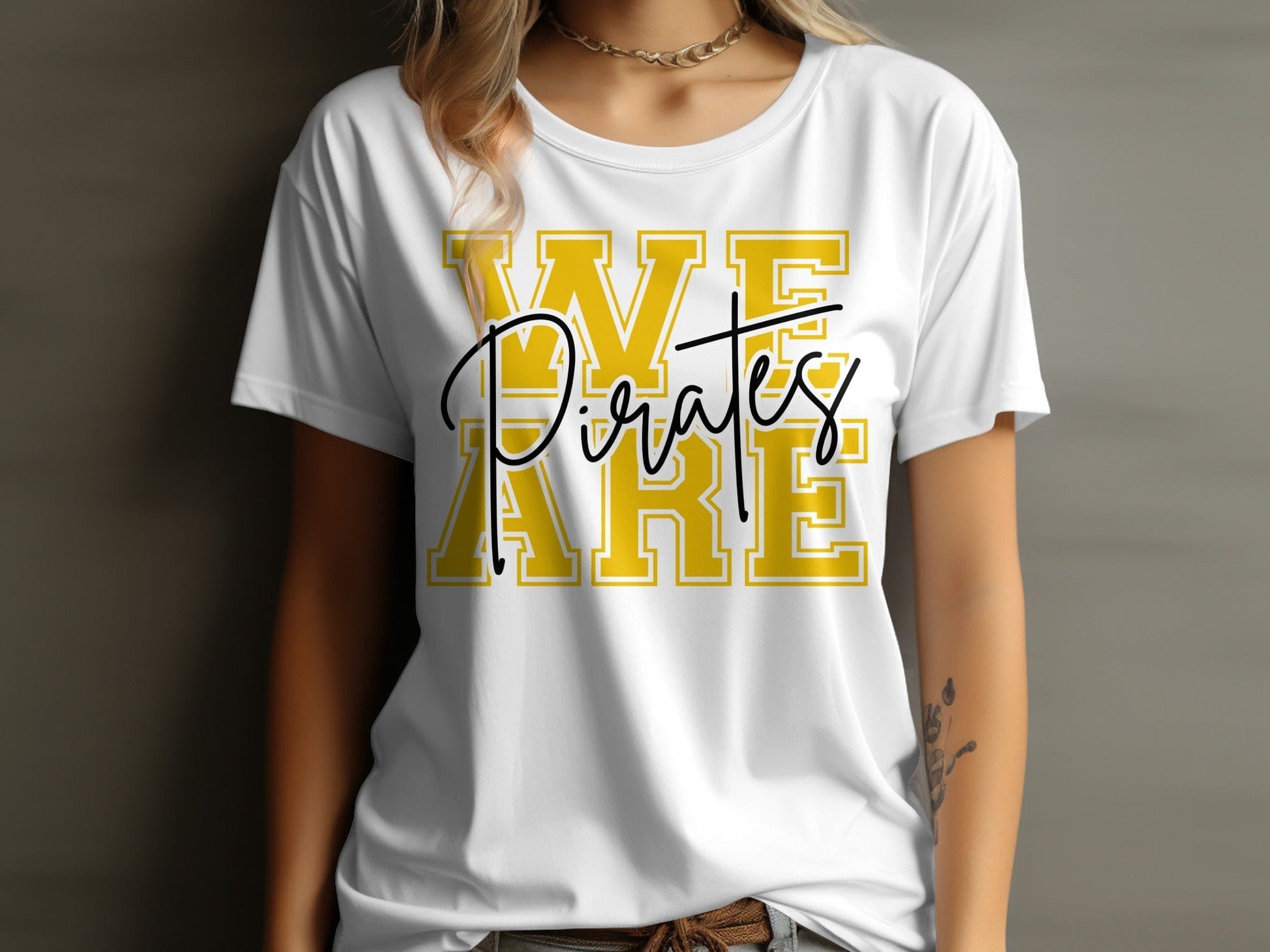 Jen Peete Designs Physical Item We Are Pirates Cursive Lettering Spirit Shirt