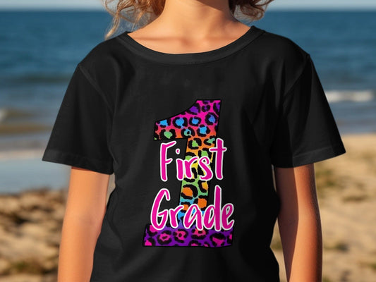 Jen Peete Designs Youth Clothing 1st Grade Leopard Print Back to School Graphic T-Shirts
