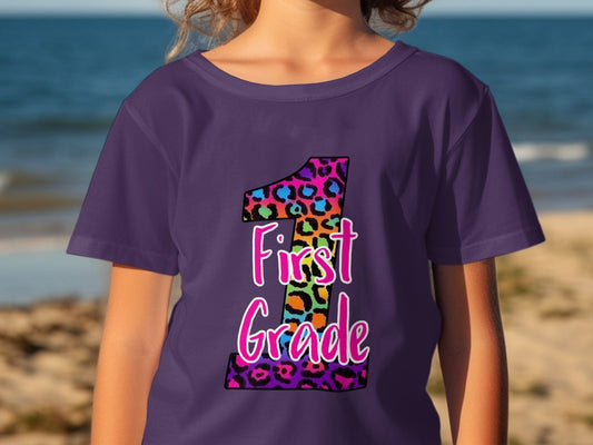 Jen Peete Designs Youth Clothing 1st Grade Leopard Print Back to School Graphic T-Shirts