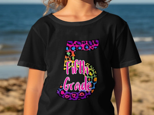Jen Peete Designs Youth Clothing 5th Grade Leopard Print Back To School Graphic T-Shirt