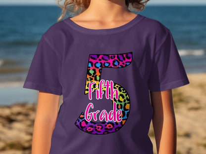 Jen Peete Designs Youth Clothing 5th Grade Leopard Print Back To School Graphic T-Shirt