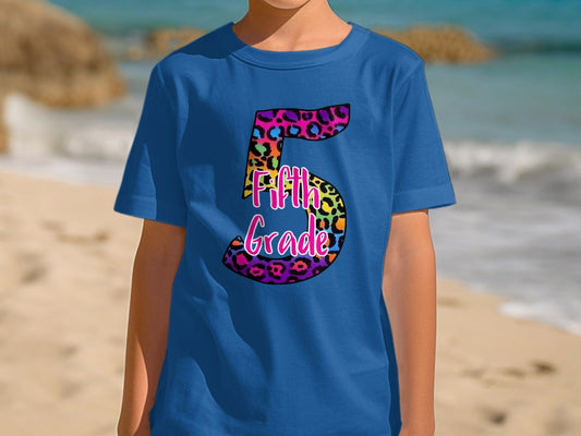 Jen Peete Designs Youth Clothing 5th Grade Leopard Print Back To School Graphic T-Shirt