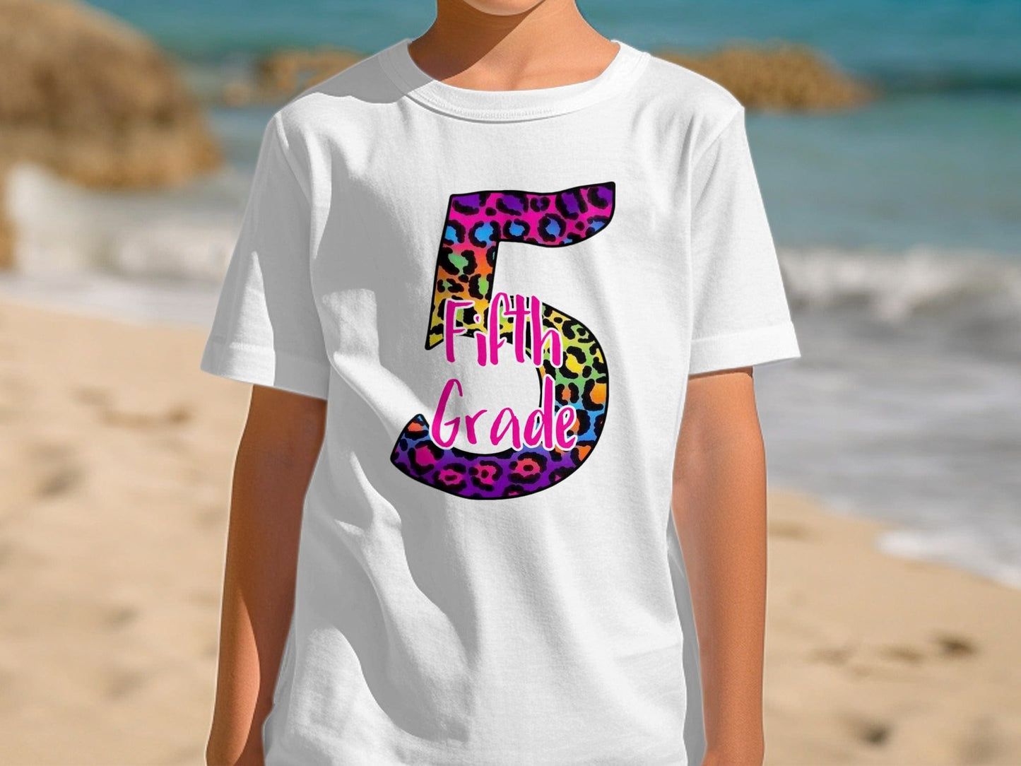 Jen Peete Designs Youth Clothing 5th Grade Leopard Print Back To School Graphic T-Shirt