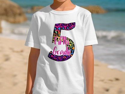 Jen Peete Designs Youth Clothing 5th Grade Leopard Print Back To School Graphic T-Shirt