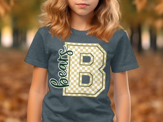 Jen Peete Designs Youth Clothing Cursive Bears Spirit Shirt with Gold Checkered B