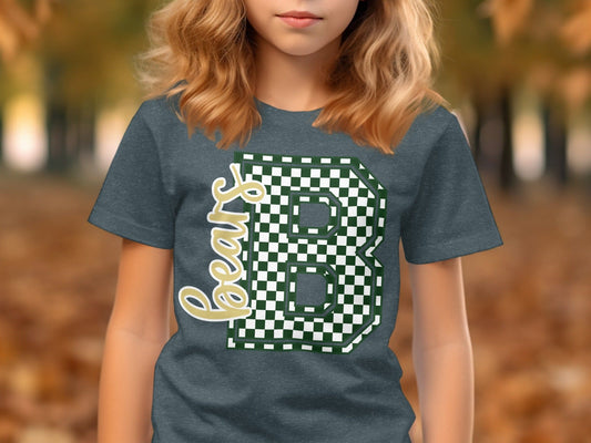 Jen Peete Designs Youth Clothing Cursive Bears Spirit Shirt with Green Checkered B