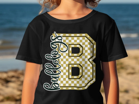 Jen Peete Designs Youth Clothing Cursive Bulldogs Spirit Shirt with Gold Checkered B