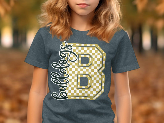 Jen Peete Designs Youth Clothing Cursive Bulldogs Spirit Shirt with Gold Checkered B