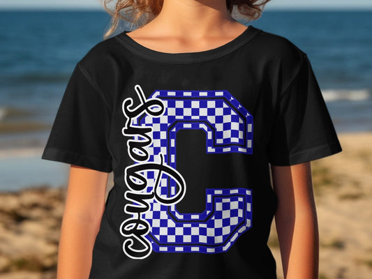 Jen Peete Designs Youth Clothing Cursive Cougars Spirit Shirt with Blue Checkered C