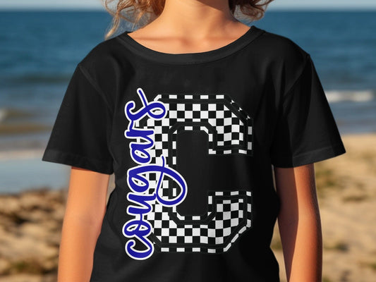 Jen Peete Designs Youth Clothing Cursive Cougars Spirit Shirt with  Checkered C