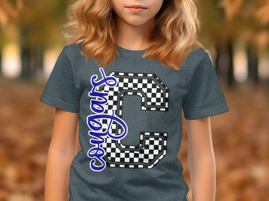 Jen Peete Designs Youth Clothing Cursive Cougars Spirit Shirt with  Checkered C
