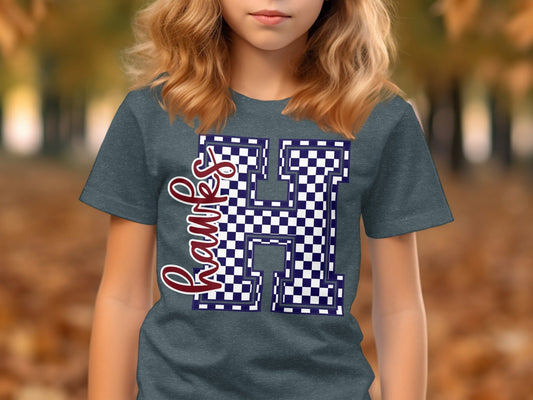 Jen Peete Designs Youth Clothing Cursive Hawks Spirit Shirt with Blue Checkered H