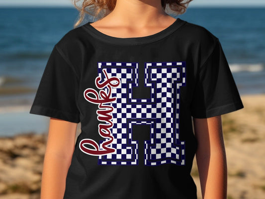 Jen Peete Designs Youth Clothing Cursive Hawks Spirit Shirt with Blue Checkered H
