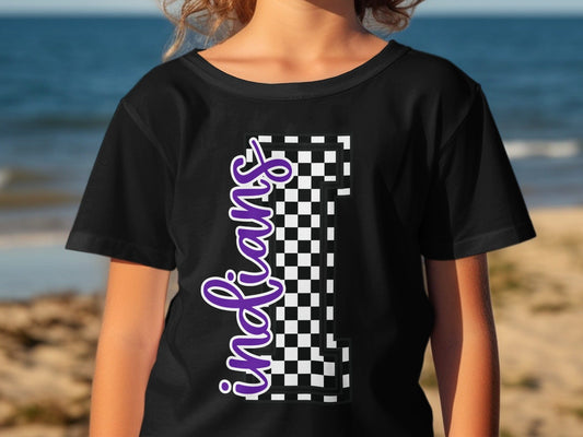 Jen Peete Designs Youth Clothing Cursive Indians Spirit Shirt with Checkered I