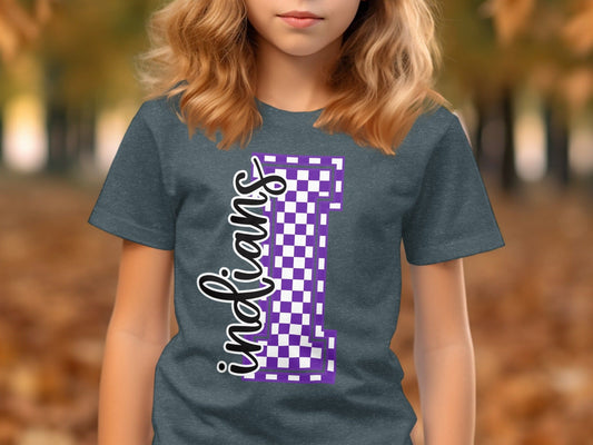 Jen Peete Designs Youth Clothing Cursive Indians Spirit Shirt with Purple Checkered I