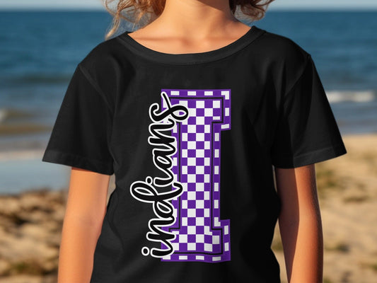 Jen Peete Designs Youth Clothing Cursive Indians Spirit Shirt with Purple Checkered I