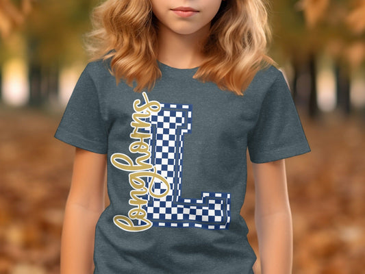 Jen Peete Designs Youth Clothing Cursive Longhorns Spirit Shirt with Blue Checkered L