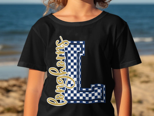 Jen Peete Designs Youth Clothing Cursive Longhorns Spirit Shirt with Blue Checkered L