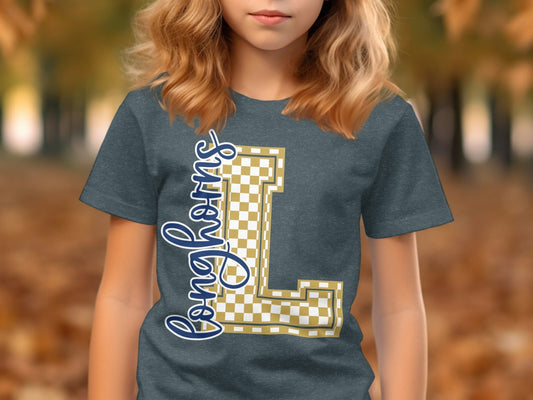 Jen Peete Designs Youth Clothing Cursive Longhorns Spirit Shirt with Gold Checkered L