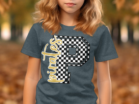 Jen Peete Designs Youth Clothing Cursive Pirates Spirit Shirt with Checkered P