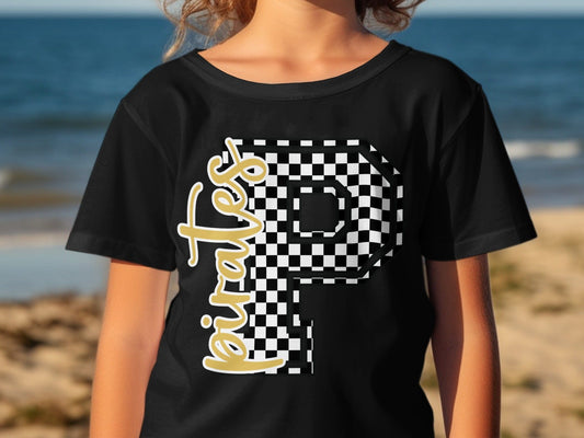 Jen Peete Designs Youth Clothing Cursive Pirates Spirit Shirt with Checkered P