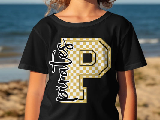 Jen Peete Designs Youth Clothing Cursive Pirates Spirit Shirt with Gold Checkered P
