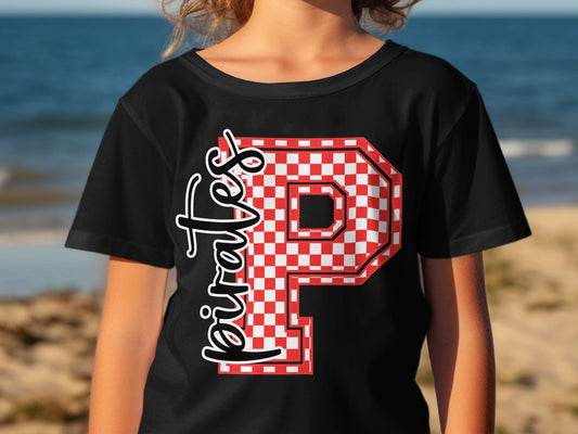 Jen Peete Designs Youth Clothing Cursive Pirates Spirit Shirt with Red Checkered P