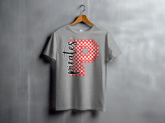 Jen Peete Designs Youth Clothing Cursive Pirates Spirit Shirt with Red Checkered P