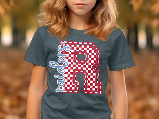 Jen Peete Designs Youth Clothing Cursive Raiders Spirit Shirt with Red Checkered R