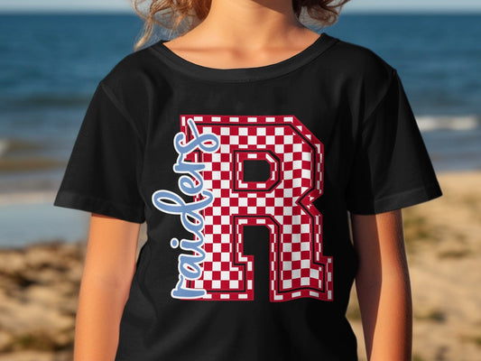 Jen Peete Designs Youth Clothing Cursive Raiders Spirit Shirt with Red Checkered R