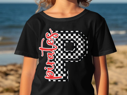 Jen Peete Designs Youth Clothing Cursive  Red Pirates Spirit Shirt with Checkered P