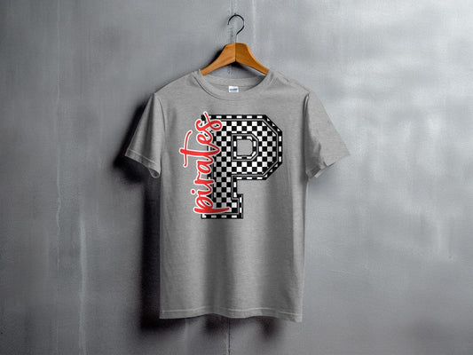 Jen Peete Designs Youth Clothing Cursive  Red Pirates Spirit Shirt with Checkered P