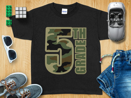Jen Peete Designs Youth Clothing Fifth Grade Camouflage Back to School T-Shirt