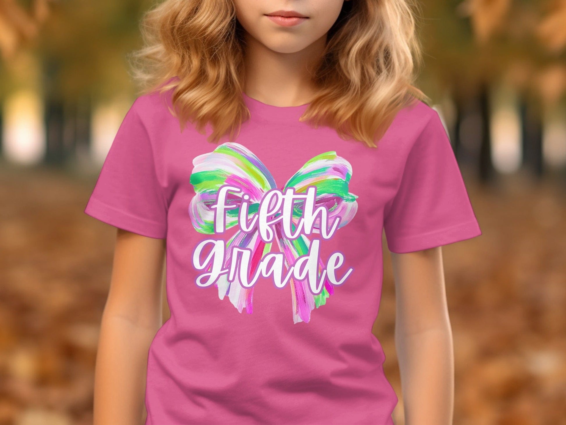 Jen Peete Designs Youth Clothing Fifth Grade Colorful Brush Strokes Bow Back to School T-Shirt