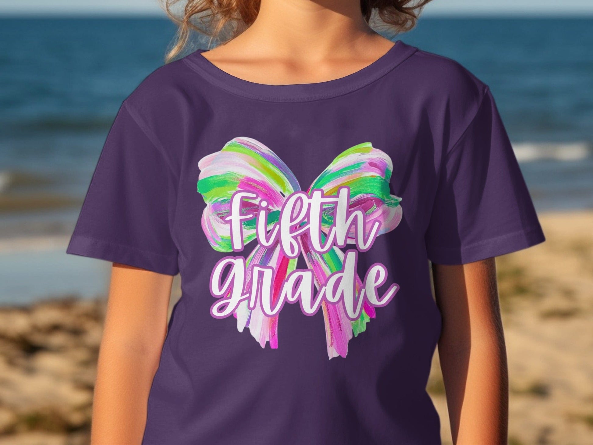 Jen Peete Designs Youth Clothing Fifth Grade Colorful Brush Strokes Bow Back to School T-Shirt