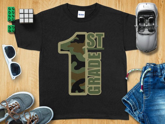 Jen Peete Designs Youth Clothing First Grade Camouflage Back to School T-Shirt