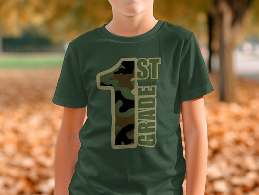 Jen Peete Designs Youth Clothing First Grade Camouflage Back to School T-Shirt